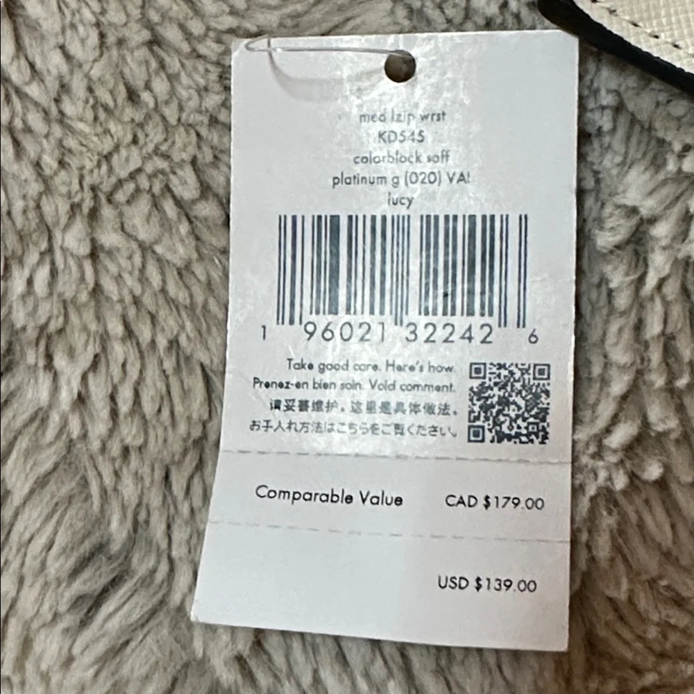 Kate Spade Lucy Med L Zip Platinum & White Colorblock Wristlet New with Tags